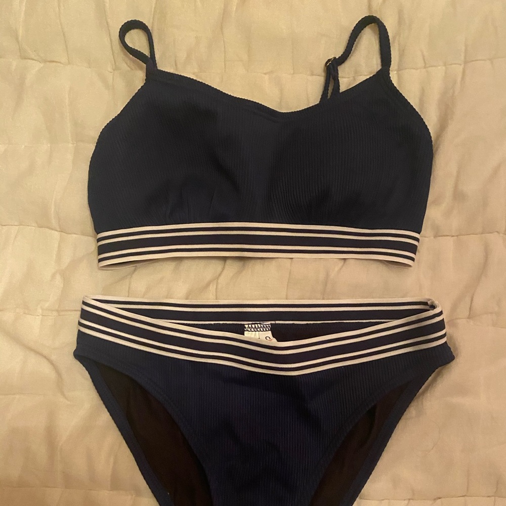 Navy and white bikini and bottoms